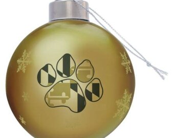 Maryland Paw Print LED Ornament, Gold Glass Ornament Lights Up
