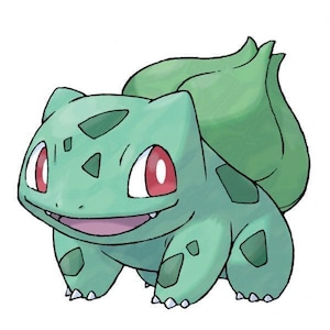 Puede incluir: Ilustración de dibujos animados de Bulbasaur, criatura verde con forma de reptil con un bulbo en la espalda. Ojos rojos, manchas verde oscuro y expresión sonriente. Fondo blanco.