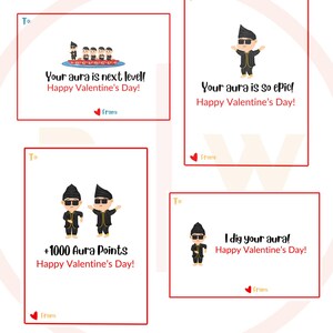 May include: Four Valentine's Day cards with red borders and white backgrounds. Each card features a cartoon character in a black outfit and sunglasses. Text includes "Your aura is next level!", "Your aura is so epic!", "+1000 Aura Points", and "I dig your aura!"