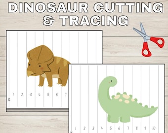 Dinosaurier |  Dinosaurier Arbeitsblatt zum Ausschneiden und Verfolgen | Feinmotorik| Feinmotorische Schneidaktivität für Kinder | Nachverfolgungslinie zum Üben