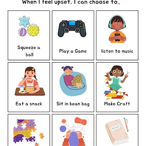 May include: A colourful chart with calming strategies for when someone feels upset. The chart includes activities such as squeezing a ball, playing a game, listening to music, eating a snack, sitting in a bean bag, making crafts, doing a puzzle, knitting, and writing in a journal.