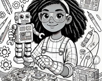 May include: Black and white illustration of a young person with curly hair wearing safety glasses and overalls, holding a small robot and working on a circuit board. The image includes tools and gears.