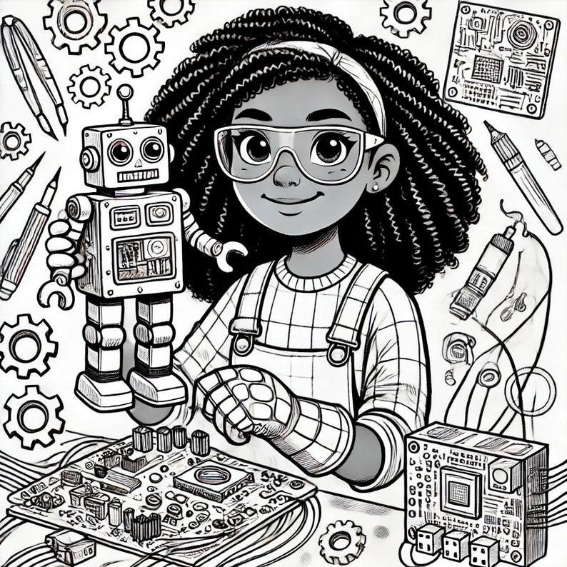 May include: A black and white illustration of a young person wearing goggles and a jumpsuit, holding a robot and working on a circuit board. The robot is made of metal and has a round head with two eyes. The circuit board is made of metal and has many wires and components.