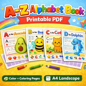 A–Z Alphabet Coloring Book Printable | 2 PDF Files | A4 Portrait & Landscape | Single-Sided