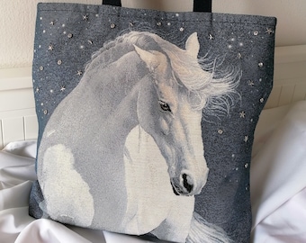 White horse bag, Gobelin fabric bag, Tapestry bag with handles, Jacquard fabric bag.