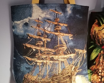 Pirate Galleon Bag, Colorful Gobelin Tapestry Fabric Bag, Gift for Pirates of the Caribbean Lovers, Pirate Sailing Ship The Black Pearl