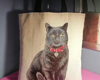 Jacquard tapestry fabric bag with black cat, handmade in Italy.