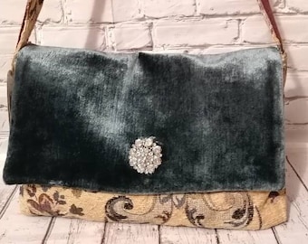 Velvet and damask fabric bag with vintage style brooch, patchwork bag with shoulder strap.