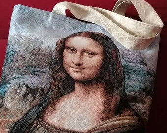 Bag with Monnalisa, Leonardo picture bag, Italian art bag, Gobelin fabric bag, Tapestry bag with handles, Jacquard fabric bag