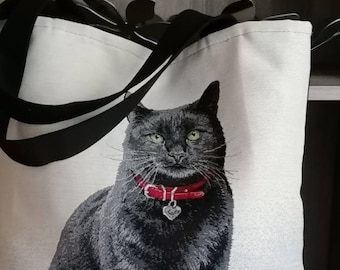 Black cat bag, Gobelin fabric bag, Tapestry bag with handles, Jacquard fabric bag.
