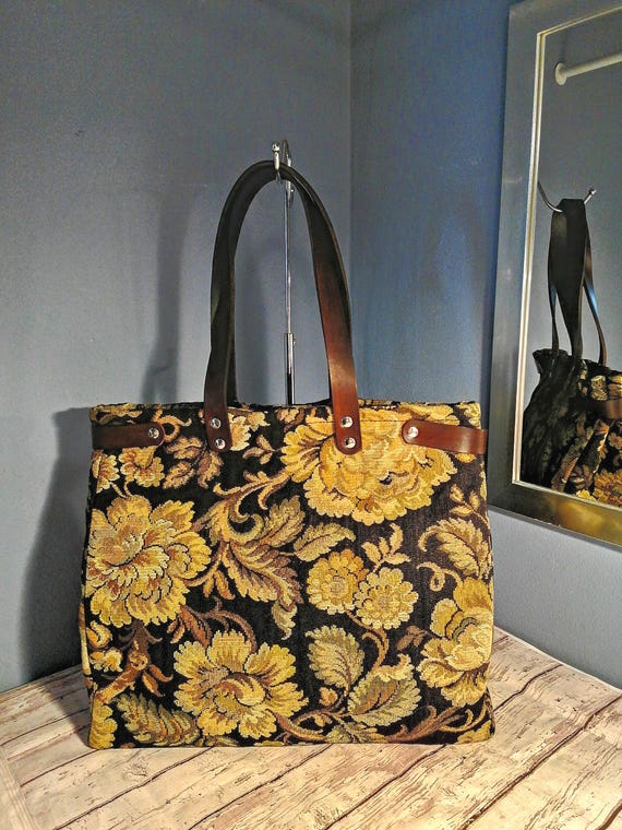 Borsa in tessuto jacquard damascato con manici in pelle, stile Mary  Poppins. - Etsy Italia
