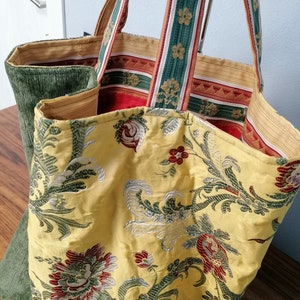 Handmade bag with fine upholstery fabrics of velvet, jacquard and embroidered satin, Patchwork fabric bag with handles.