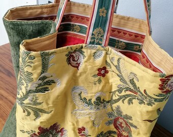 Bolso hecho a mano con finos tejidos de tapicería de terciopelo, jacquard y raso bordado, Bolso de tela Patchwork con asas.