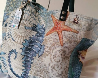 Handcrafted Gobelin Fabric Bag with Seahorse - Large Tote Bag in Genuine Leather, Sea Style, Handmade in Italy.