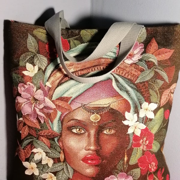 Tasche mit Indianermädchen, Tasche mit Blumen, Gobelin-Stofftasche, Gobelin-Tasche mit Griffen, Jacquard-Stofftasche.