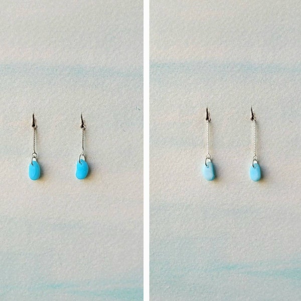Genuine Blue Milk Glass Seaglass & Sterling Silver Threader Earrings/Blue Milk Glass Earrings/Opalescent Seaglass Jewelry/Blue Milk Seaglass