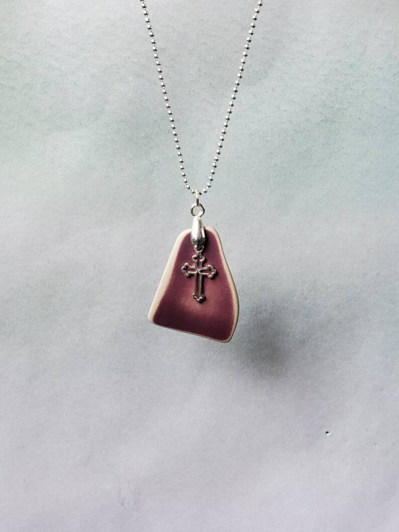 Genuine Purple Sea Pottery Pendant & Sterling Silver Cross image 0