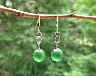 Genuine Kelly Green Seaglass Marble & Sterling Silver Earrings/Seaglass Marble Earrings/Green Seaglass Jewelry/Green Seaglass Marble Earring