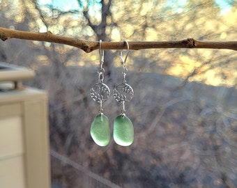 Genuine Moss Green Seaglass & Sterling Silver Leaf Leverback Earrings/Moss Green Seaglass Earrings/Seaglass Jewelry/Green Leaf Earrings