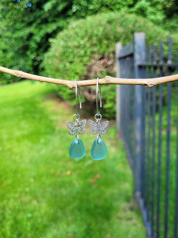 Genuine Aqua Blue Seaglass Sterling Silver Butterfly Earrings