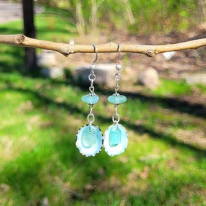 Genuine Aqua Blue Seaglass, Limpet Shell & Sterling Silver Earrings/Blue Seaglass Earrings/Seashell Seaglass Jewelry/Aqua Seaglass Earrings