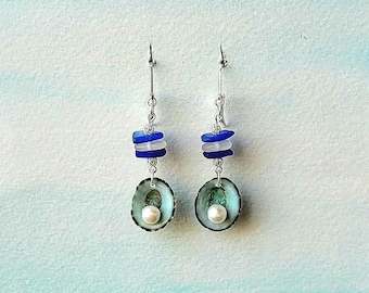 Genuine Periwinkle Seaglass, Cobalt and Aqua Seaglass Stack, Limpet & Sterling Silver Earring/Blue Limpet Seaglass Earrings/Seaglass Jewelry