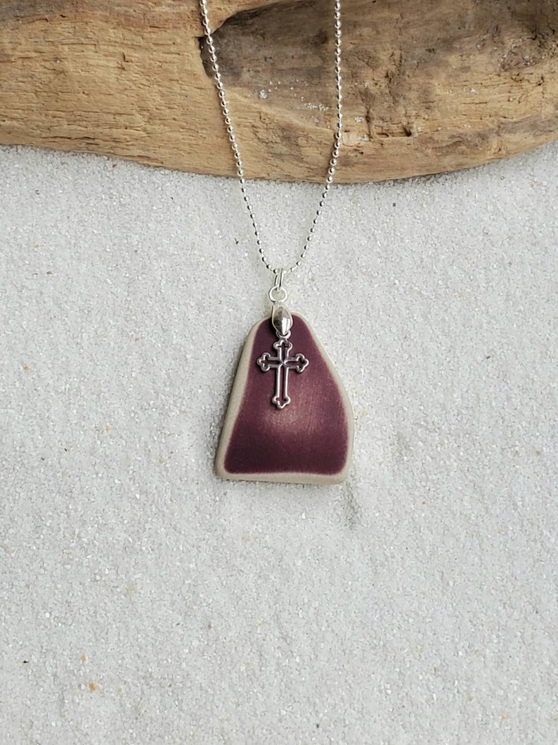 Genuine Purple Sea Pottery Pendant & Sterling Silver Cross image 3