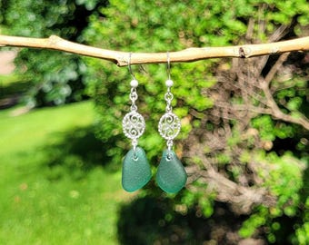 Genuine Teal Blue Seaglass & Sterling Silver Filigree Earrings/Teal Seaglass Earrings/Teal Blue Seaglass Earrings/Teal Seaglass Jewelry