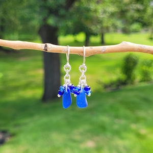 Genuine Cobalt Blue Seaglass, Bead & Sterling Silver Earrings/Cobalt Seaglass Earrings/Blue Seaglass Earrings/Blue Beaded Seaglass Jewelry