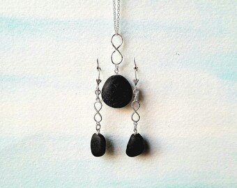 Genuine Black Seaham Seaglass & Sterling Silver Infinity Earrings/Seaham Black Seaglass Necklace/Black Infinity Seaham Seaglass Jewelry Set