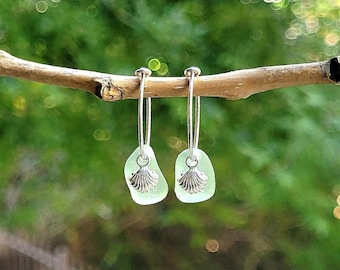 Genuine Seafoam Seaglass & Sterling Silver Clamshell Hoop Earrings/Seaglass Clamshell Earrings/Seafoam Seaglass Earrings/Seaglass Jewelry