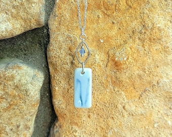 Genuine Periwinkle Sea Tile Pendant, CZ & Sterling Silver Necklace/Blue Sea Pottery Necklace/Blue Ceramic Necklace/Blue Sea Pottery Jewelry