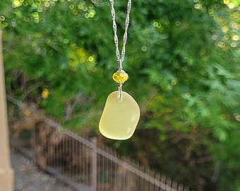 Genuine Yellow Seaglass Pendant, CZ & Sterling Silver Necklace/Rare Seaglass Necklace/Textured Seaglass Jewelry/Yellow Seaglass Necklace