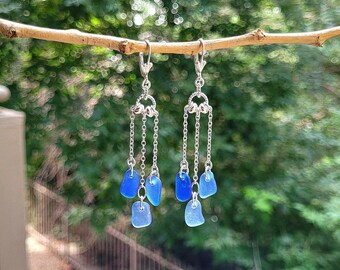 Genuine Cornflower Seaglass, Cobalt Seaglass, Periwinkle Blue Seaglass & Sterling Silver Chandeliers/Blue Seaglass Earrings/Seaglass Jewelry