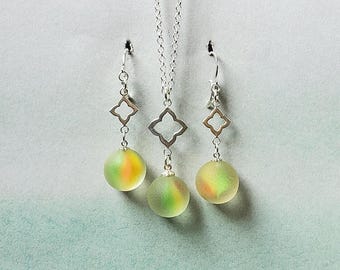 Genuine Citrus and Orange Seaglass Marbles & Sterling Silver Jewelry Set/Seaglass Marble Necklace/Seaglass Marble Earrings/Seaglass Jewelry