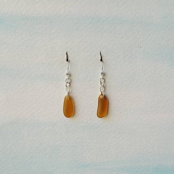 Genuine Amber-Orange Sea Glass, CZ & Sterling Silver Earrings/Amber Sea Glass Earrings/Dainty Sea Glass Jewelry/Orange Sea Glass Earrings