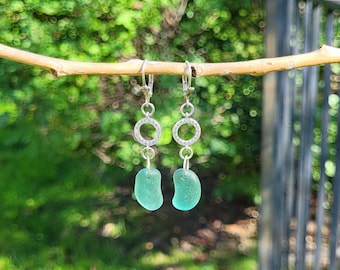 Aqua Sea Glass Earrings, Sterling Silver Leverback Dangle Earrings, CZ Accent