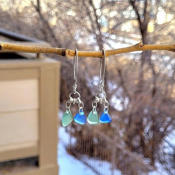 Boucles d'oreilles en verre de mer bleu aqua, verre de mer bleuet et argent sterling/verre de mer bleu aqua/verre de mer bleu bleuet/bijoux en verre de mer bleu