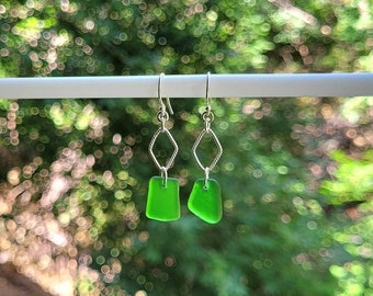 Genuine Emerald Green Sea Glass & Sterling Silver Rhombus Earrings/Emerald Sea Glass Earrings/Sea Glass Jewelry/Green Sea Glass Earrings