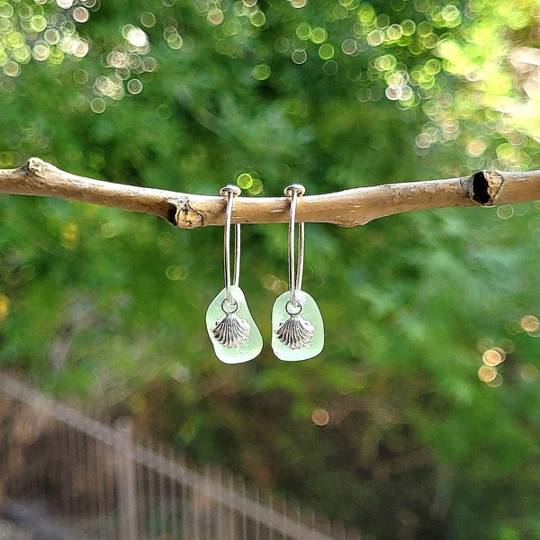 Genuine Seafoam Seaglass & Sterling Silver Clamshell Hoop Earrings/Seaglass Clamshell Earrings/Seafoam Seaglass Earrings/Seaglass Jewelry