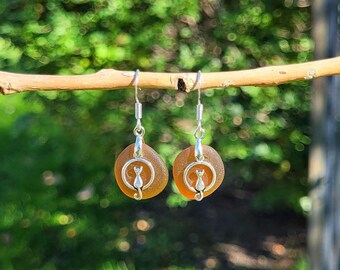 Echte goldene Bernstein Seeglas & Sterling Silber Katzen Ohrringe/Bernstein Seeglas Ohrringe/Seeglas Schmuck/Seeglas Katzen Ohrringe/Katzenohrringe