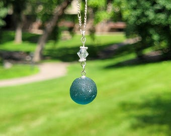 Genuine Teal Blue Sea Glass Marble Pendant & Sterling Silver Necklace/Teal Sea Glass Necklace/Sea Glass Marble Necklace/Sea Glass Jewelry