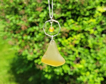 Genuine Yellow Seaglass Pendant, CZ & Sterling Silver Necklace/Yellow Seaglass Jewelry/Yellow Seaglass Necklace/Beaded Yellow Seaglass Neckl