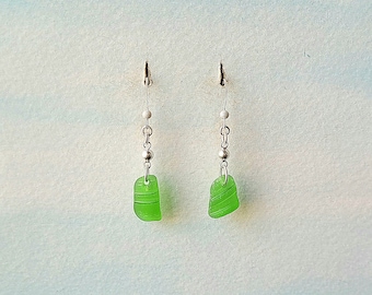 Genuine Textured Green Seaglass & Sterling Silver Earrings/Textured Seaglass Jewelry/Green Seaglass Earrings/Bottle Lip Seaglass Earrings