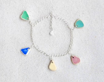 Genuine Pastel Sea Pottery & Sterling Silver Charm Bracelet/Sea Pottery Bracelet/Sea Ceramic Bracelet/Sea Pottery Jewelry/Ceramic Jewelry