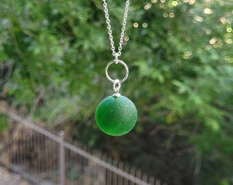 Genuine Emerald Green Seaglass Shooter Marble Pendant & Sterling Silver Necklace/Shooter Sea Marble Jewelry/Green Seaglass Marble Necklace