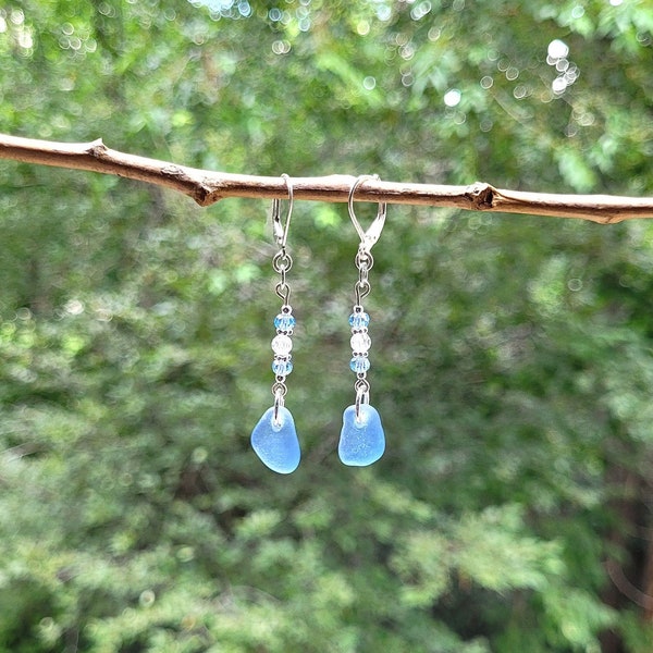 Boucles d'oreilles en verre de mer pervenche véritable, CZ et argent sterling/Boucles d'oreilles en verre de mer bleuet/Boucles d'oreilles en verre de mer pervenche/Bijoux en verre de mer bleu