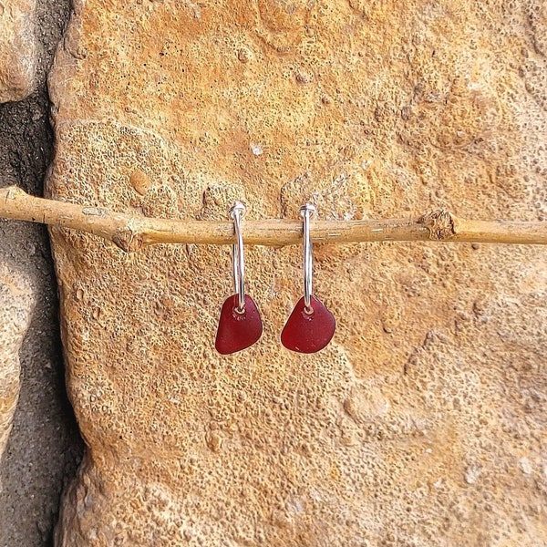 Dainty Genuine Red Sea Glass & Sterling Silver Hoop Earrings/Red Sea Glass Earrings/Red Sea Glass Hoops/Rare Sea Glass Jewelry/Red Earrings