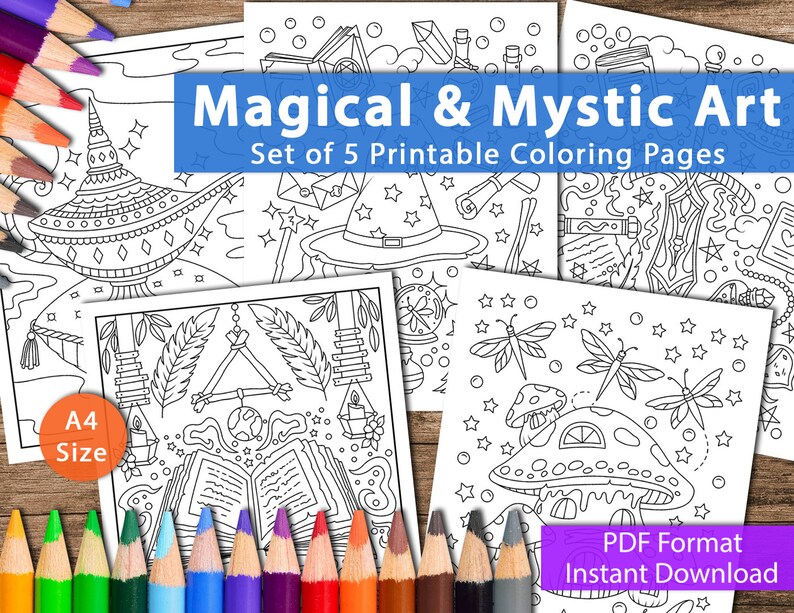 Set of 5 Printable Magical & Mystic Art Coloring Pages for | Etsy