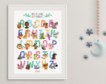 Cute Animal Alphabet. Printable Wall Art for Children's and Nursery Room. Kids ABC. Educational Poster. Rainbow Letters. DIGITAL DOWNLOAD